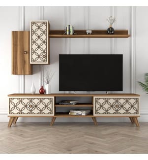 Nussbaumfarbe,Creme, Tv Schränke, 44X180X35 cm, Melaminbeschichtete Partikelplatte