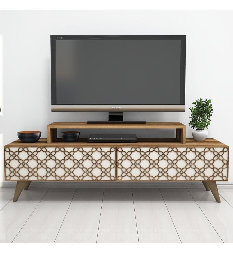 Nussbaumfarbe,Creme, Tv Schränke, 48,8X140X41,8 cm, Melaminbeschichtete Partikelplatte