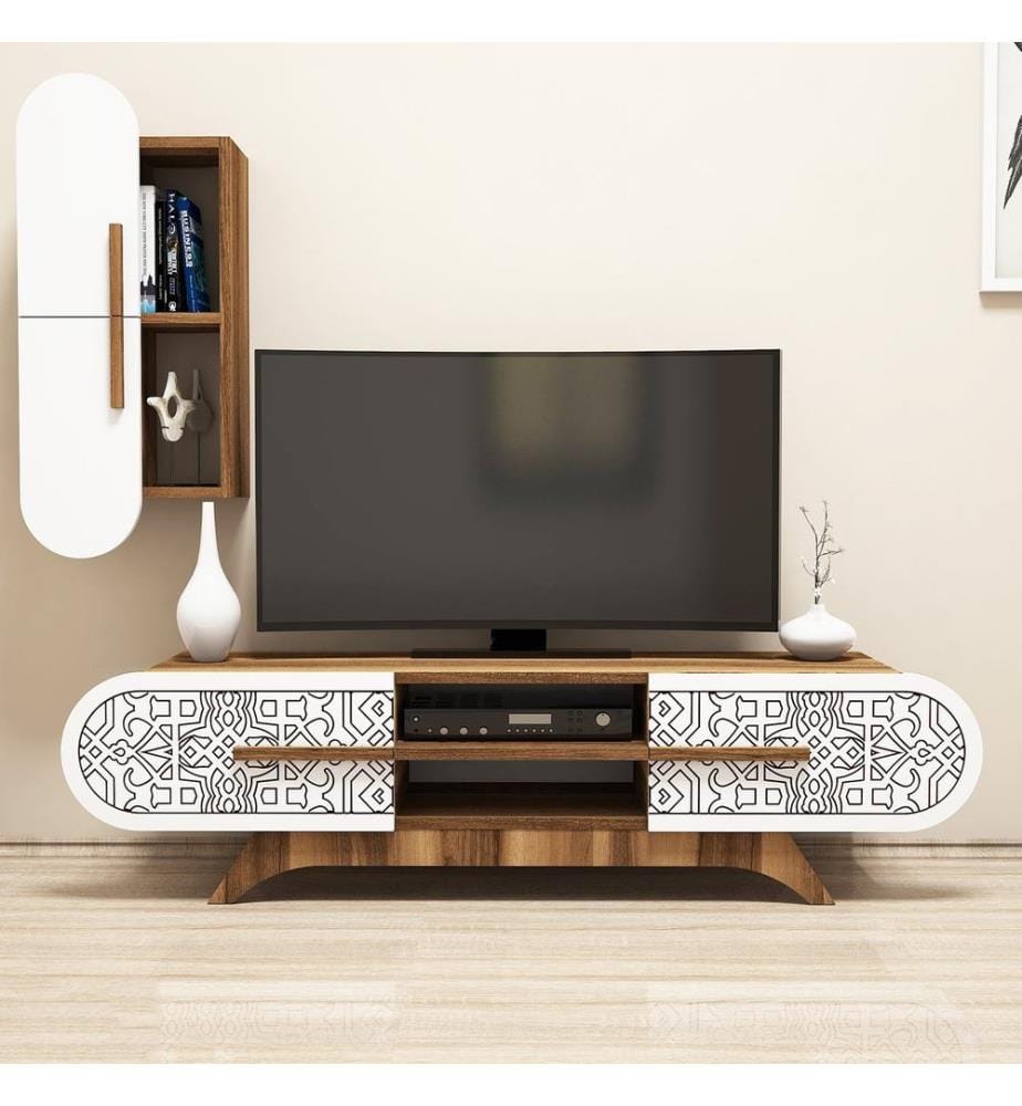 TV Unit, WalnutWhite, Melamine Coated Particle Board