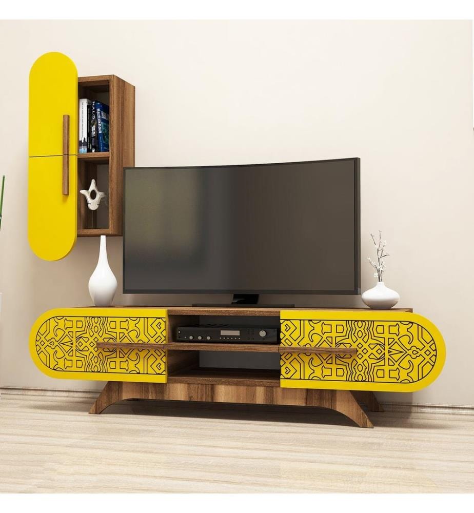 TV Unit, WalnutYellow, Melamine Coated Particle Board