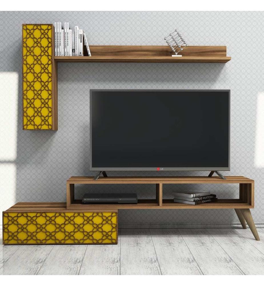 Couleur Noix, Jaune, Armoires Tv, 37,8X150X37,2 cm, Plaque De Particules À Revêtement En Mélamine