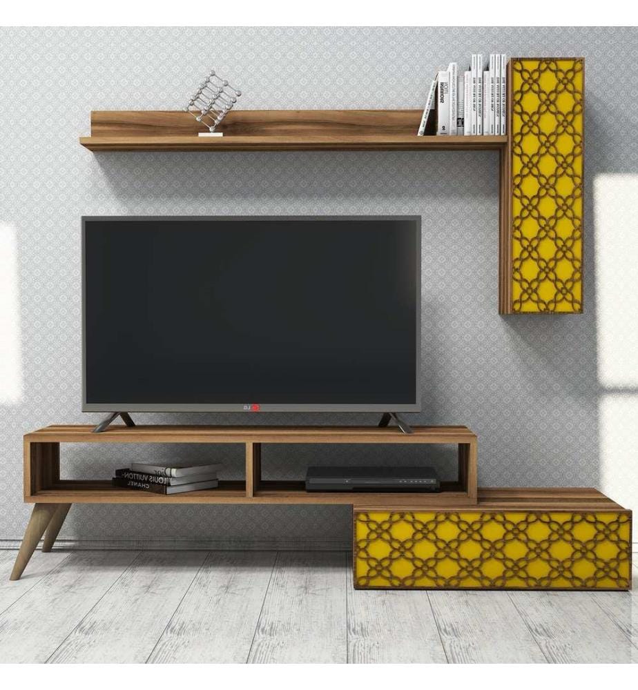 Couleur Noix, Jaune, Armoires Tv, 37,8X150X37,2 cm, Plaque De Particules À Revêtement En Mélamine