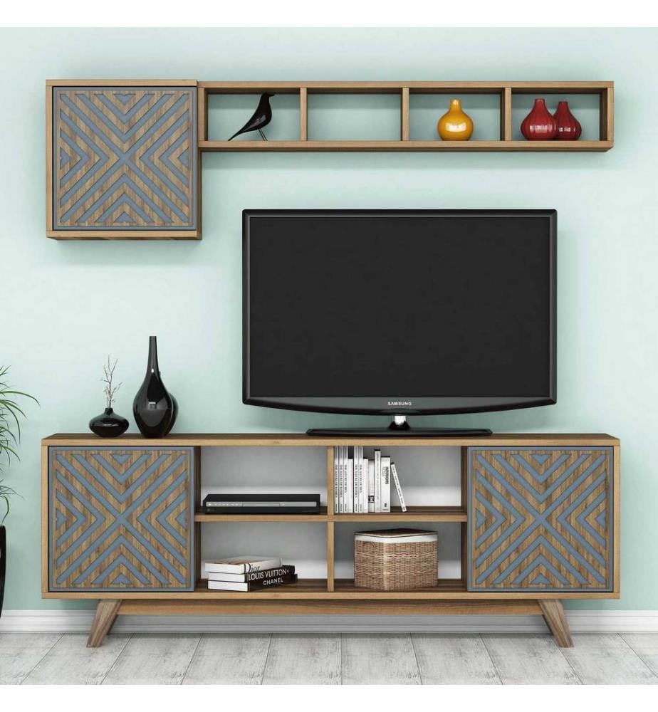 Nussbaumfarbe,Blau, Tv Schränke, 56,2X160X35 cm, Melaminbeschichtete Partikelplatte