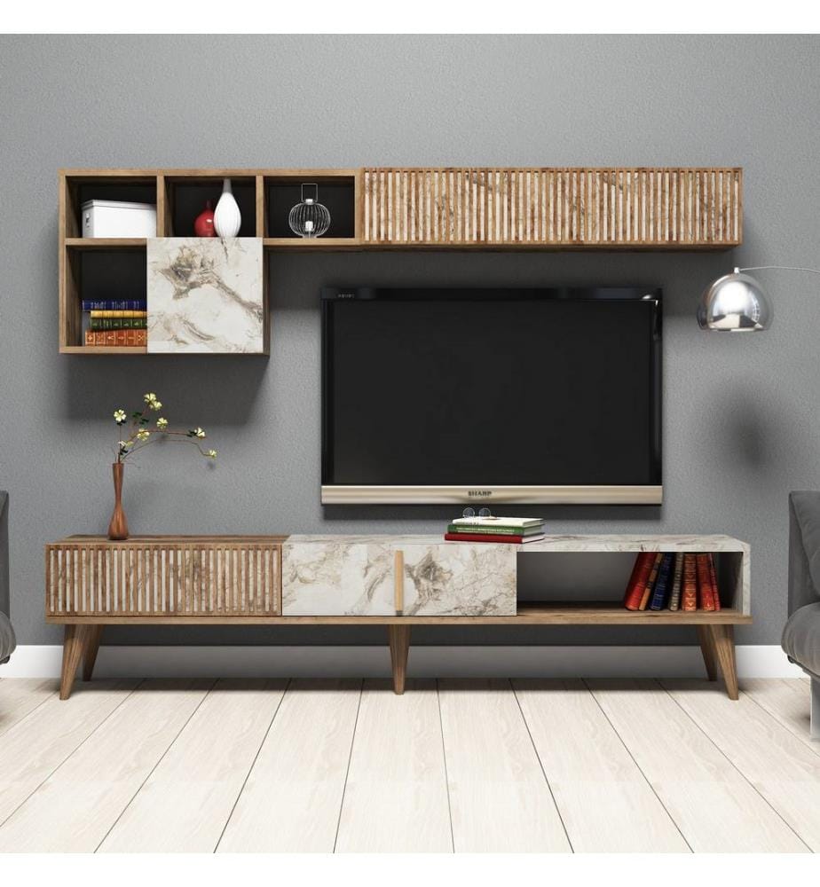 Nussbaumfarbe,Weiss, Tv Schränke, 40X180X35 cm, Melaminbeschichtete Partikelplatte