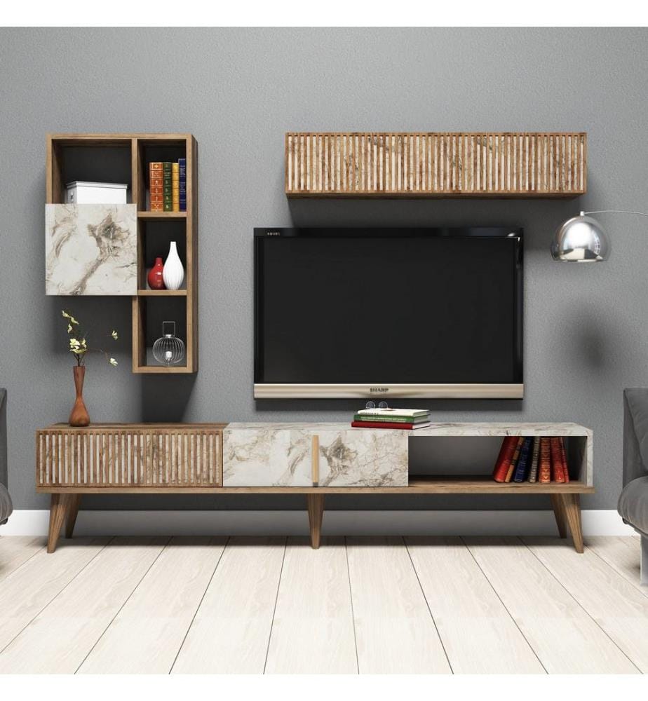 Nussbaumfarbe,Weiss, Tv Schränke, 40X180X35 cm, Melaminbeschichtete Partikelplatte
