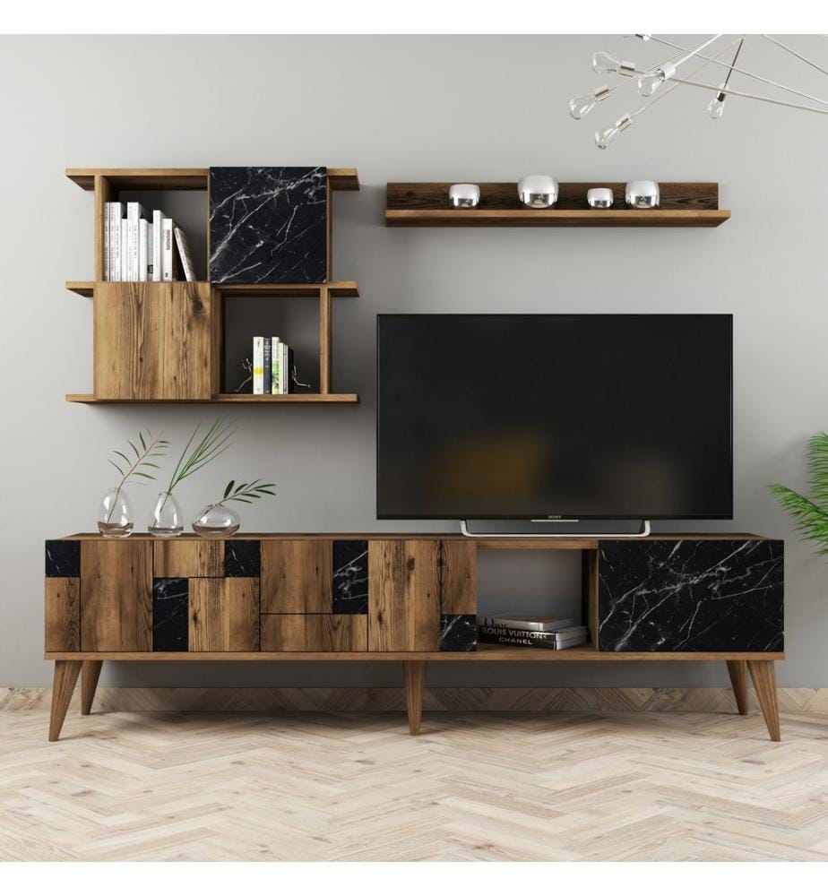 Nussbaumfarbe,Schwarz, Tv Schränke, 48,6X180X33,8 cm, Melaminbeschichtete Partikelplatte