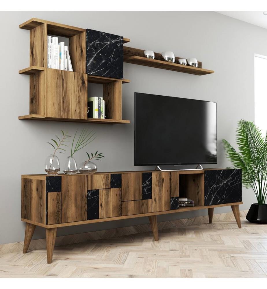 Nussbaumfarbe,Schwarz, Tv Schränke, 48,6X180X33,8 cm, Melaminbeschichtete Partikelplatte