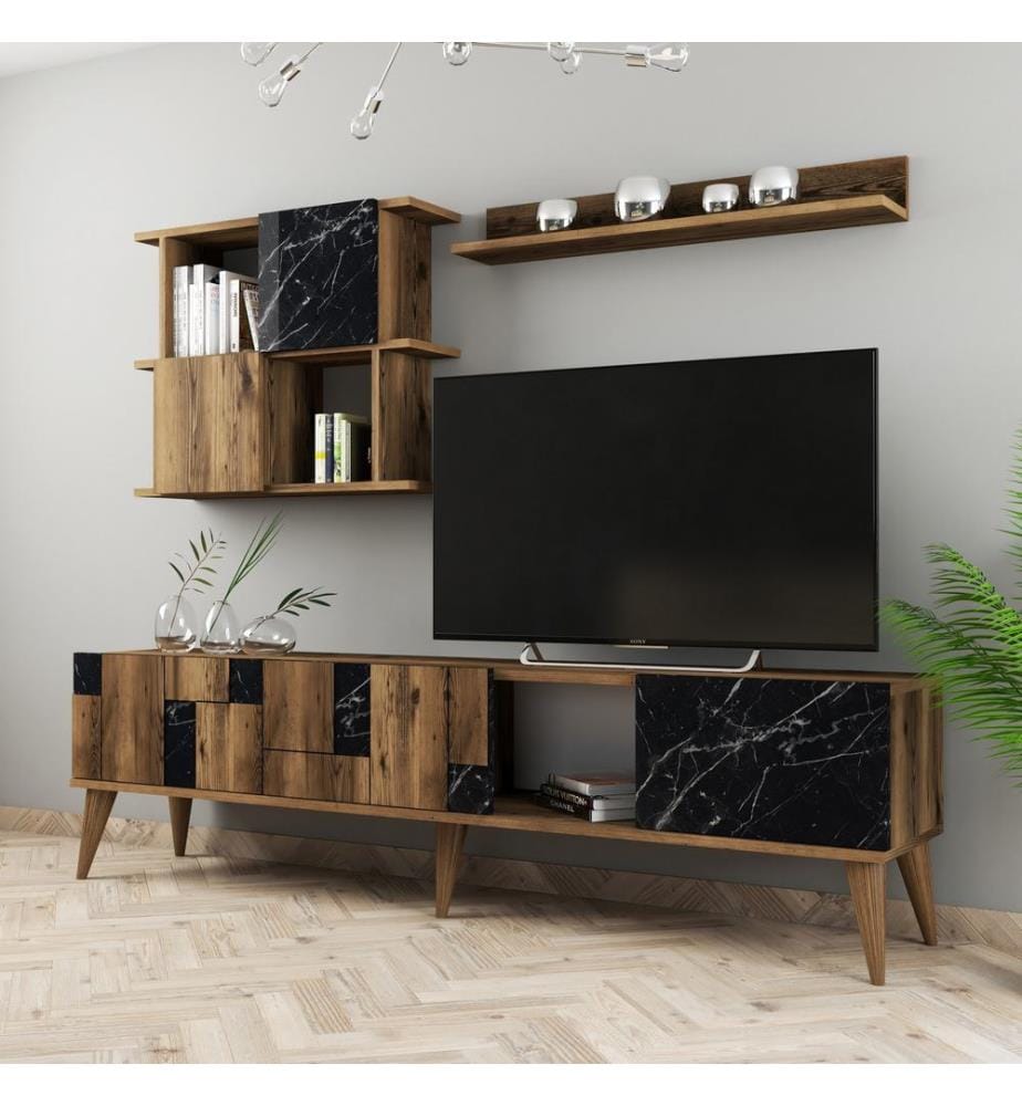 Nussbaumfarbe,Schwarz, Tv Schränke, 48,6X180X33,8 cm, Melaminbeschichtete Partikelplatte