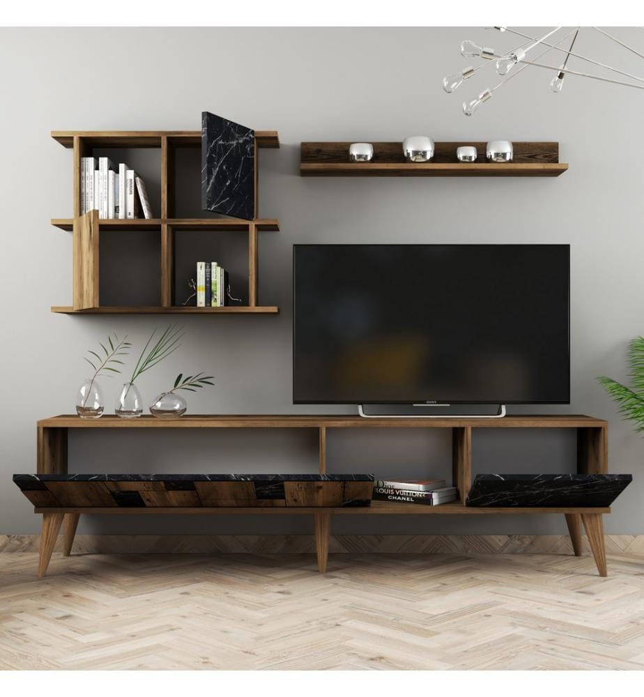 Nussbaumfarbe,Schwarz, Tv Schränke, 48,6X180X33,8 cm, Melaminbeschichtete Partikelplatte