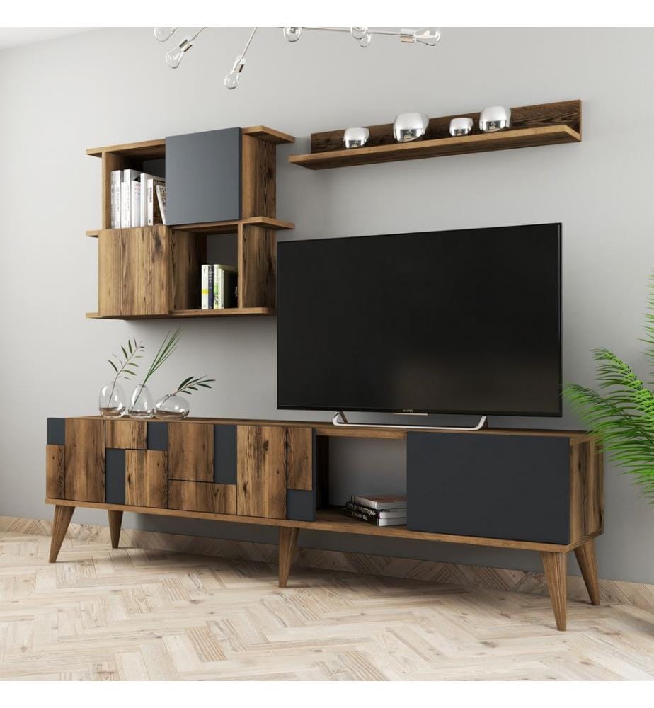 Nussbaumfarbe,Anthrazit, Tv Schränke, 48,6X180X33,8 cm, Melaminbeschichtete Partikelplatte