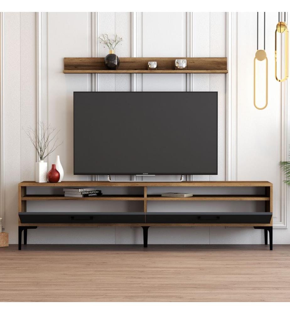 Nussbaumfarbe,Anthrazit, Tv Schränke, 47X180X35 cm, Melaminbeschichtete Partikelplatte