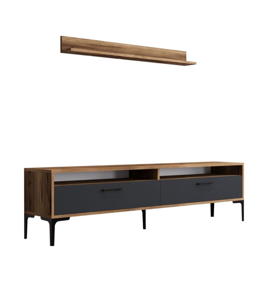 Nussbaumfarbe,Anthrazit, Tv Schränke, 47X180X35 cm, Melaminbeschichtete Partikelplatte