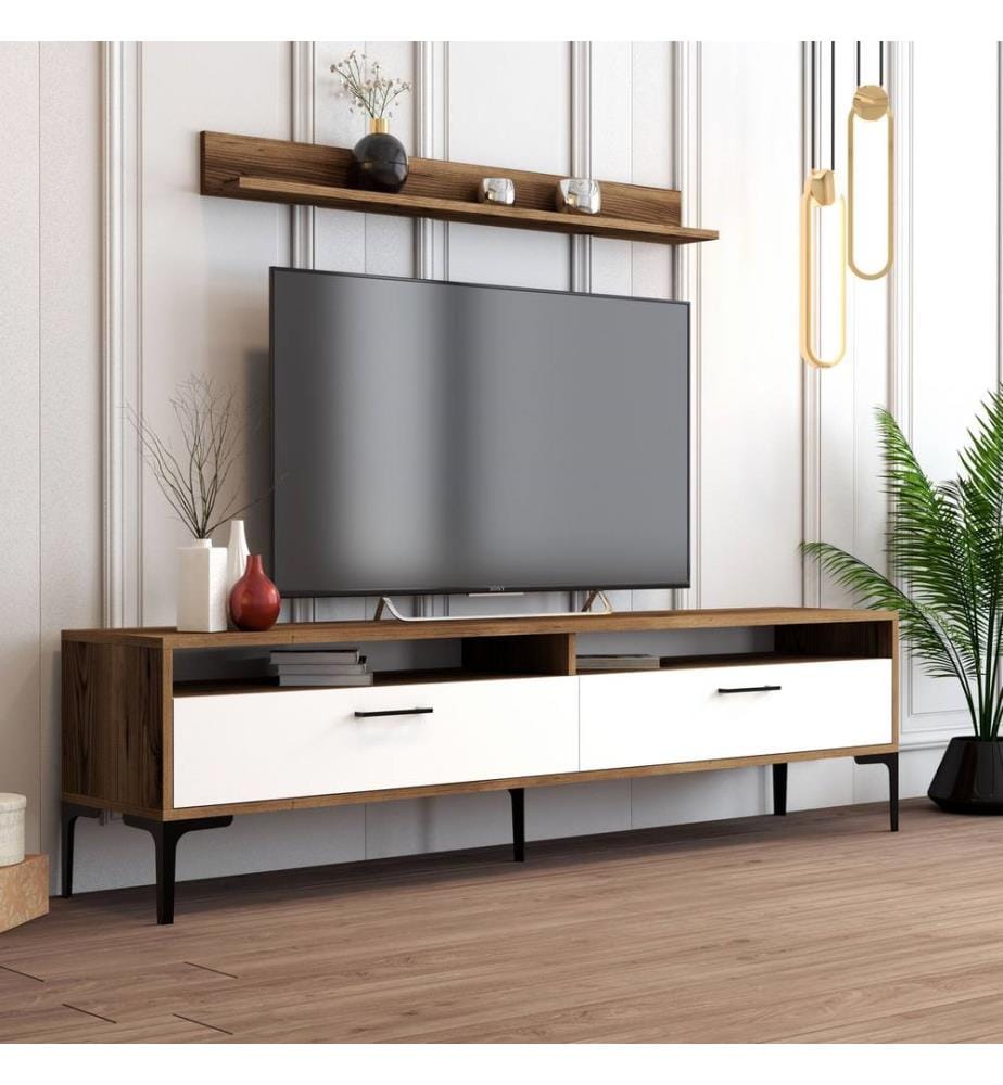 Nussbaumfarbe,Weiss, Tv Schränke, 47X180X35 cm, Melaminbeschichtete Partikelplatte