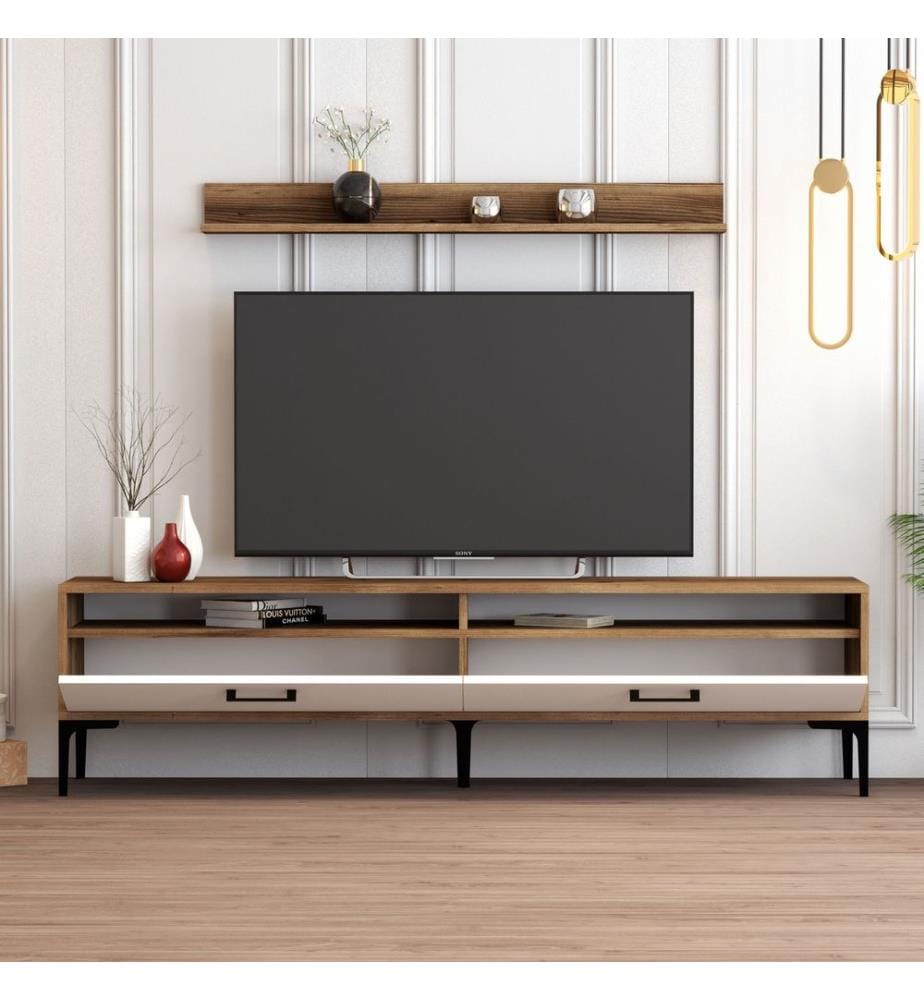 Nussbaumfarbe,Weiss, Tv Schränke, 47X180X35 cm, Melaminbeschichtete Partikelplatte