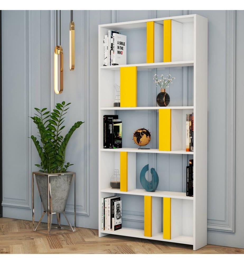 Weiss,Gelb, Bücherregale, 180X90X20 cm, Melaminbeschichtete Partikelplatte