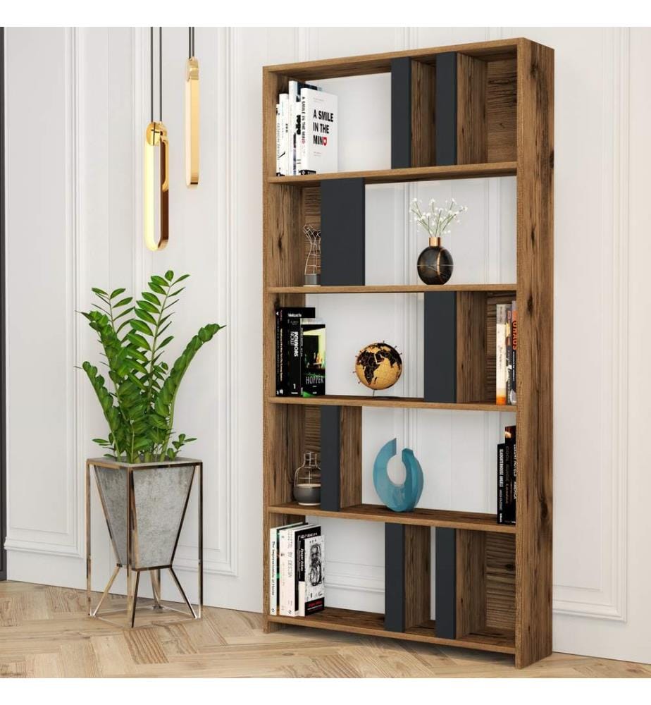 Nussbaumfarbe,Anthrazit, Bücherregale, 180X90X20 cm, Melaminbeschichtete Partikelplatte