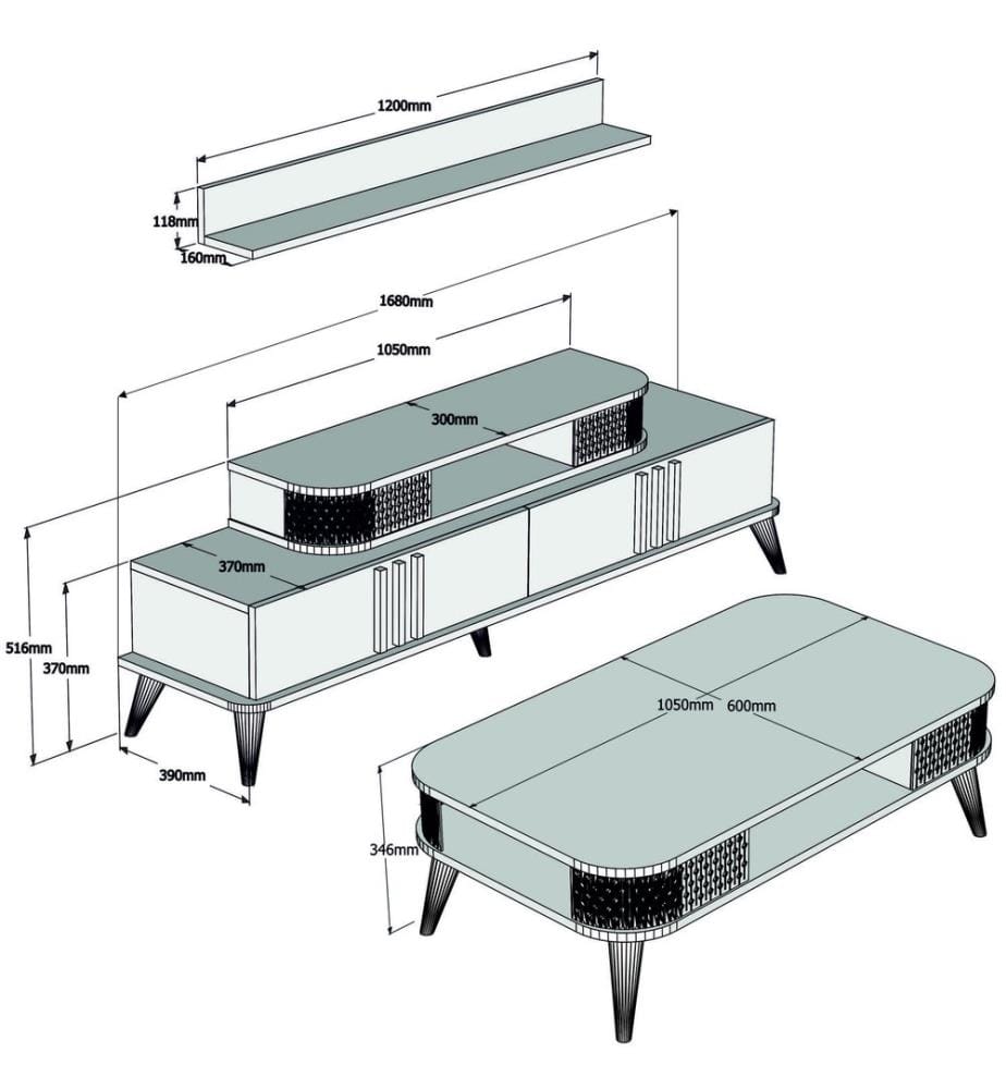 Weiss, Wohnzimmer, 51,6X168X39 cm, Melaminbeschichtete Partikelplatte