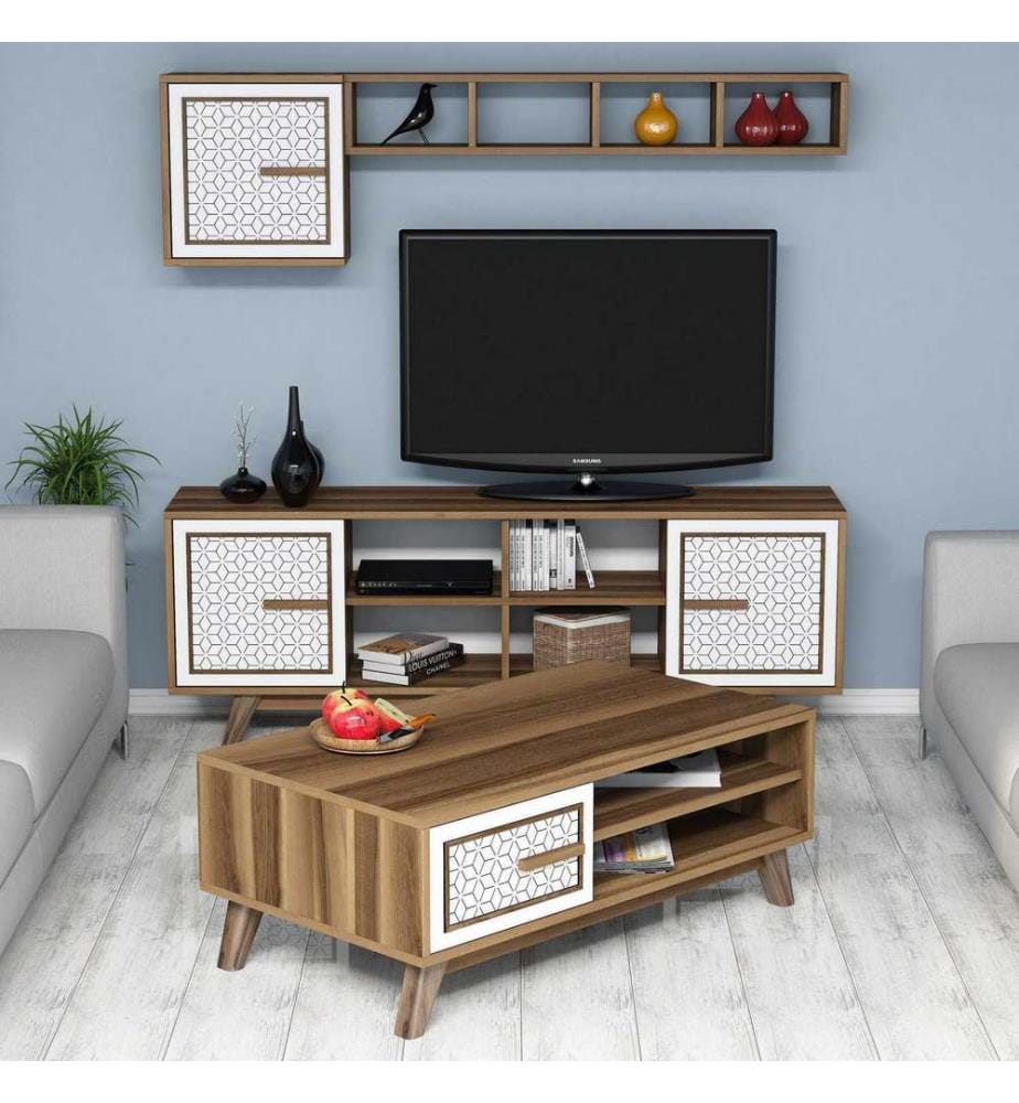 Nussbaumfarbe,Weiss, Wohnzimmer, 56,2X160X35 cm, Melaminbeschichtete Partikelplatte