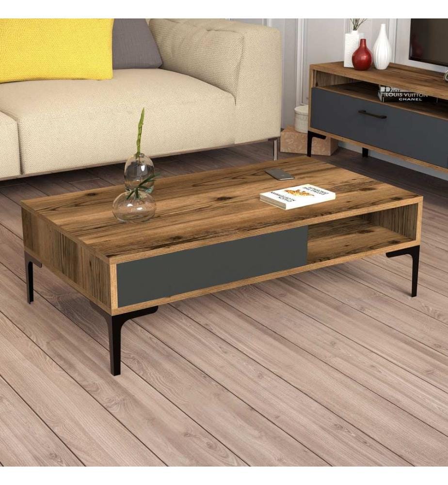Nussbaumfarbe,Anthrazit, Couchtische, 32,6X105X60 cm, Melaminbeschichtete Partikelplatte