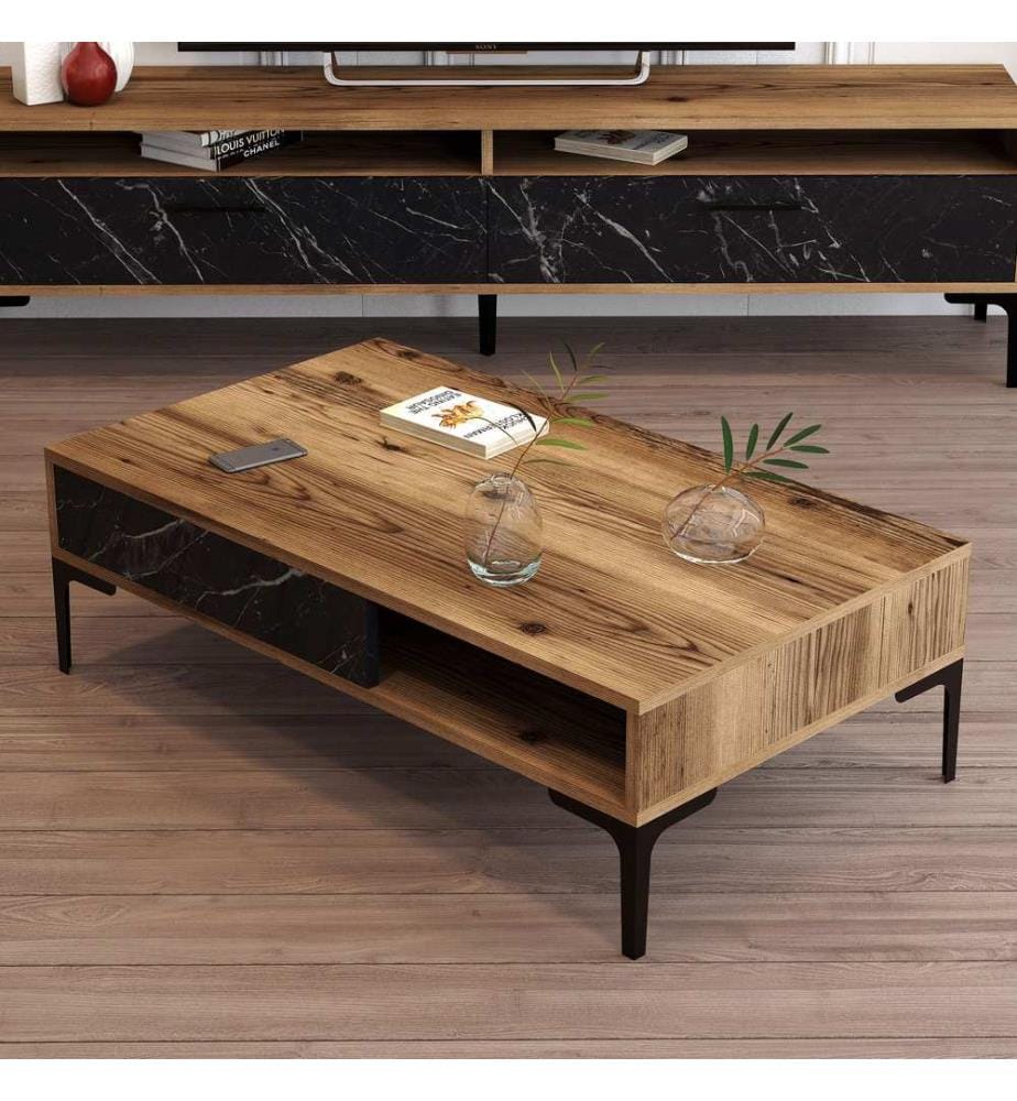 Couleur Noix, Noir, Tables Basses, 32,6X105X60 cm, Assiette De Particules Enrobée De Mélamine