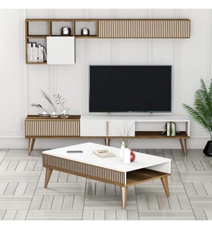 Living Room Furniture Set, Walnut, White, Melamine Coated Particle Board