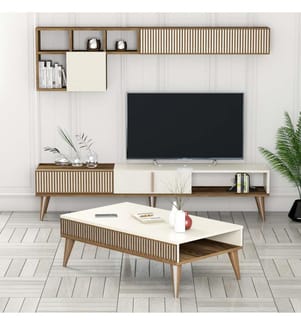 Living Room Furniture Set, Walnut, Cream, Melamine Coated Particle Board
