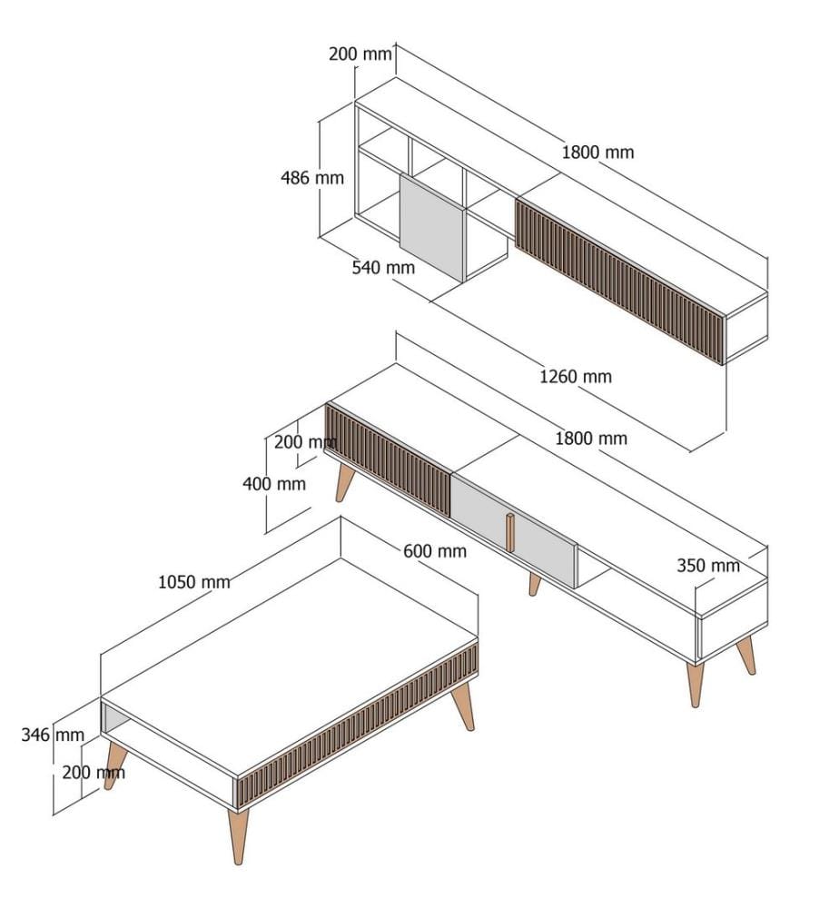 Wohnzimmer-Möbel-Set, Nussbaum, Creme, Melaminharzbeschichtete Spanplatte