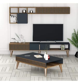 Living Room Furniture Set, Walnut, Anthracite, Melamine Coated Particle Board