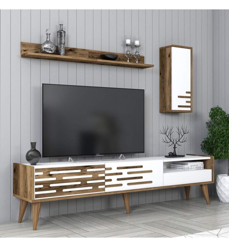 Meuble TV, Noyer, Blanc, Panneau de particules mélaminé