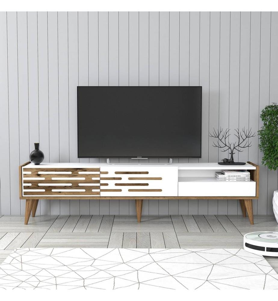 Meuble TV, Noyer, Blanc, Panneau de particules mélaminé