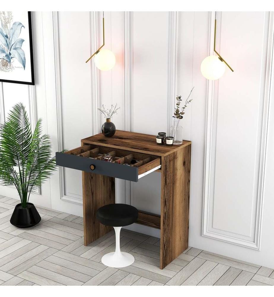 Table de maquillage, Noyer, Anthracite, Panneau de particules mélaminé