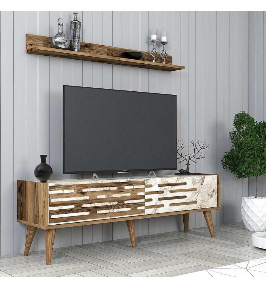 TV-Element, Nussbaum, Weiss, Marmor, Spanplatte mit Melaminharzbeschichtung
