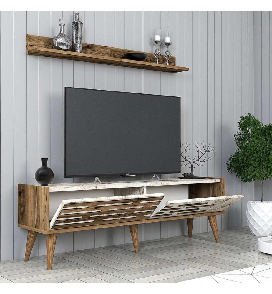 TV-Element, Nussbaum, Weiss, Marmor, Spanplatte mit Melaminharzbeschichtung