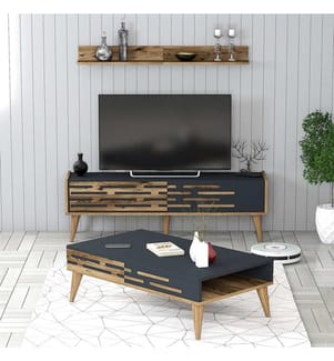 Living Room Furniture Set, Walnut, Anthracite, Melamine Coated Particle Board