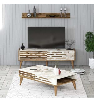 Living Room Furniture Set, Walnut, White, Marble, Melamine Coated Particle Board