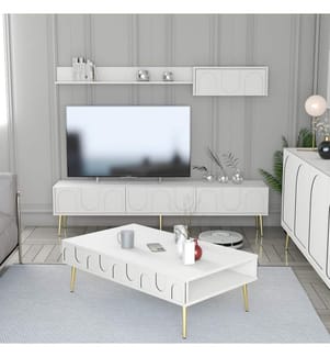 Wohnzimmerset, Weiss, Gold, 100% Melamine beschichtete Spanplatte