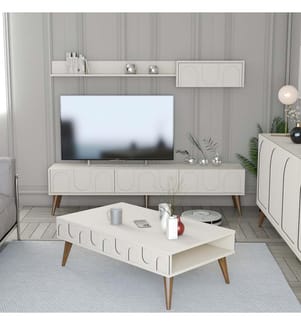 Wohnzimmermöbel-Set, Creme, Nussbaum, 100% Melaminharzbeschichtete Spanplatte