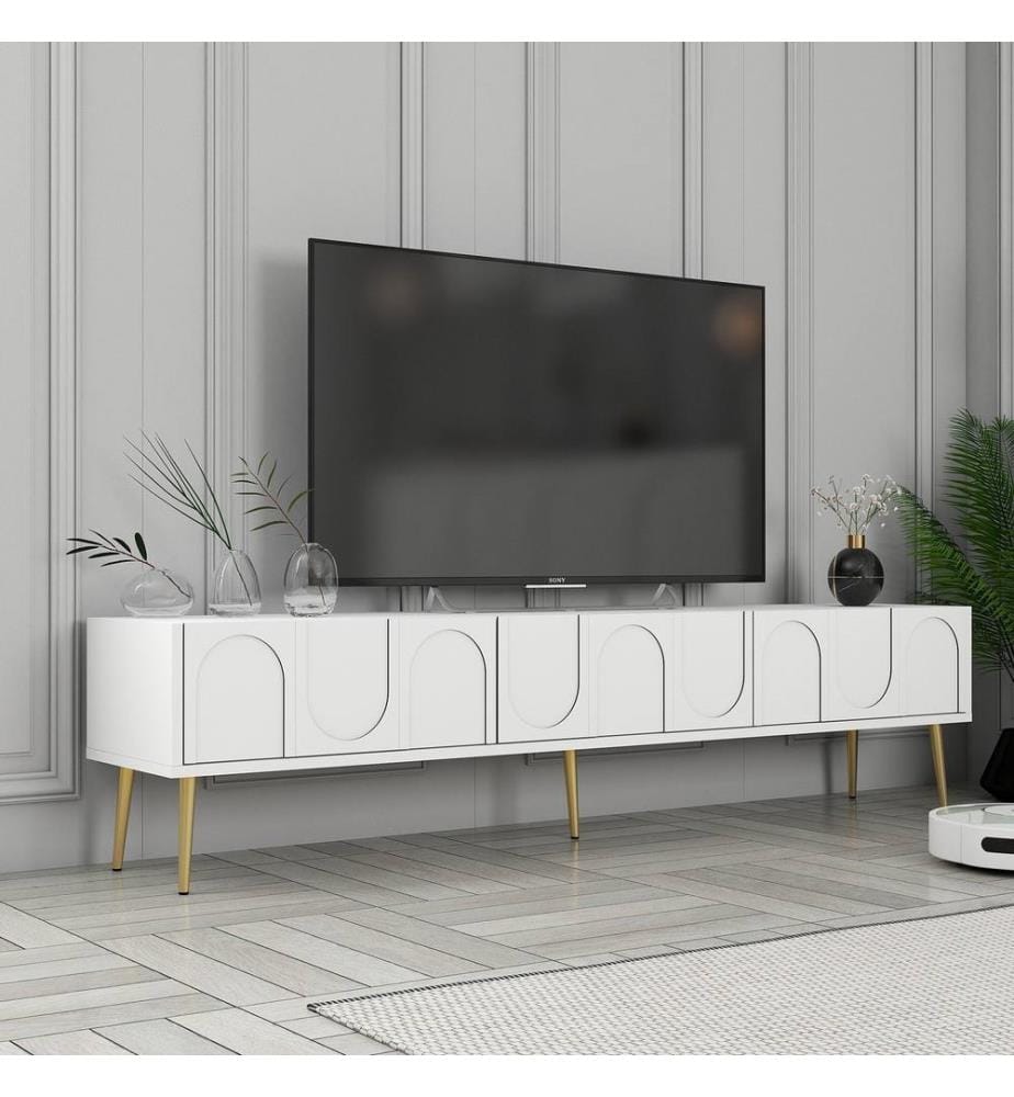 Meuble TV, Blanc, Or, 100% Melamine Particle Board