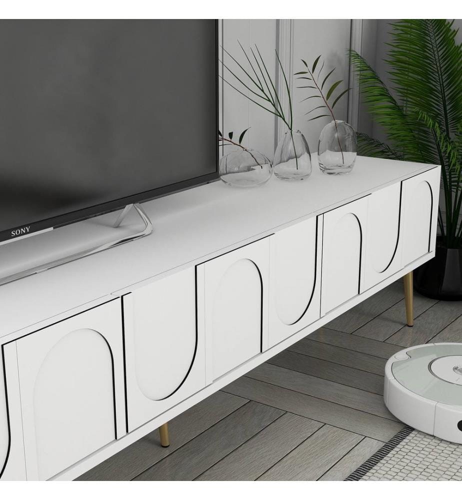 Meuble TV, Blanc, Or, 100% Melamine Particle Board