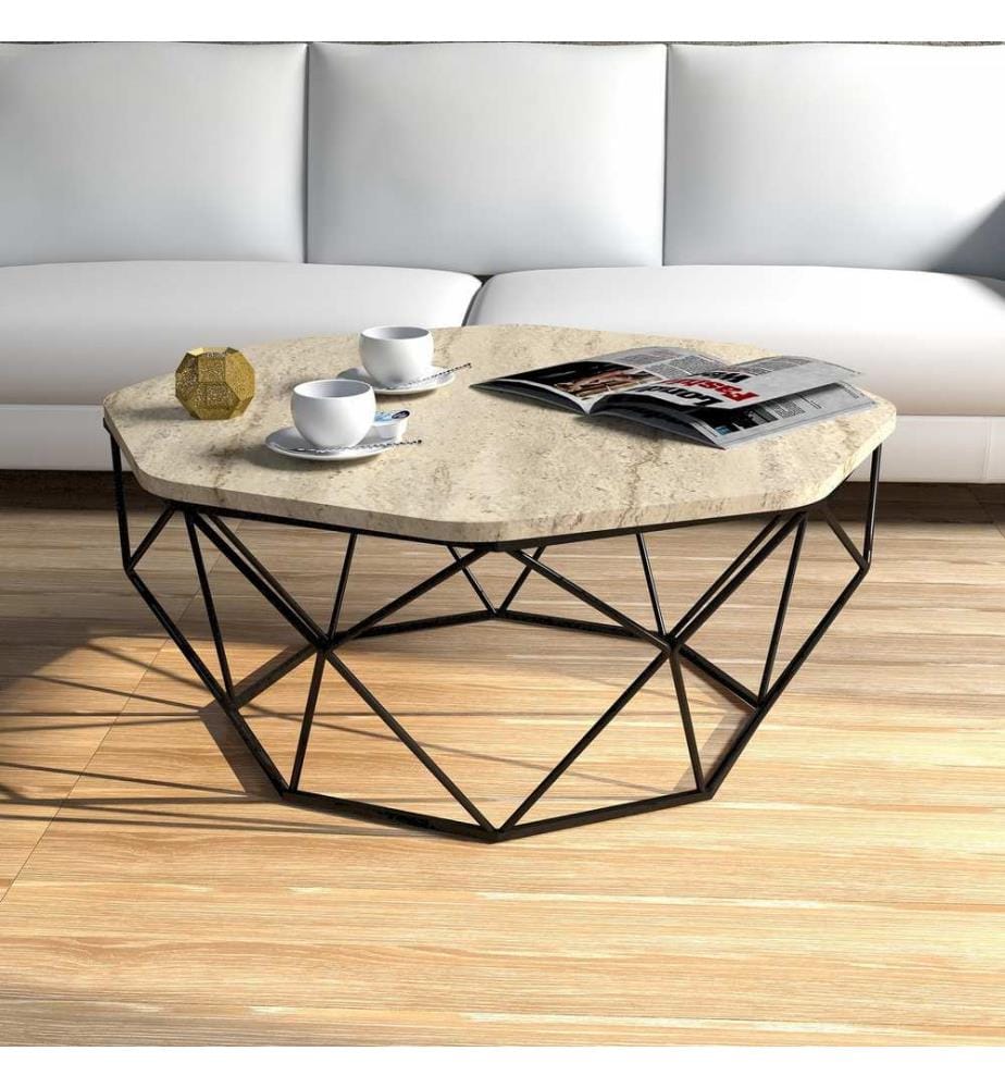 Table basse, travertin, panneau de particules 100 % mélaminé, pieds en métal