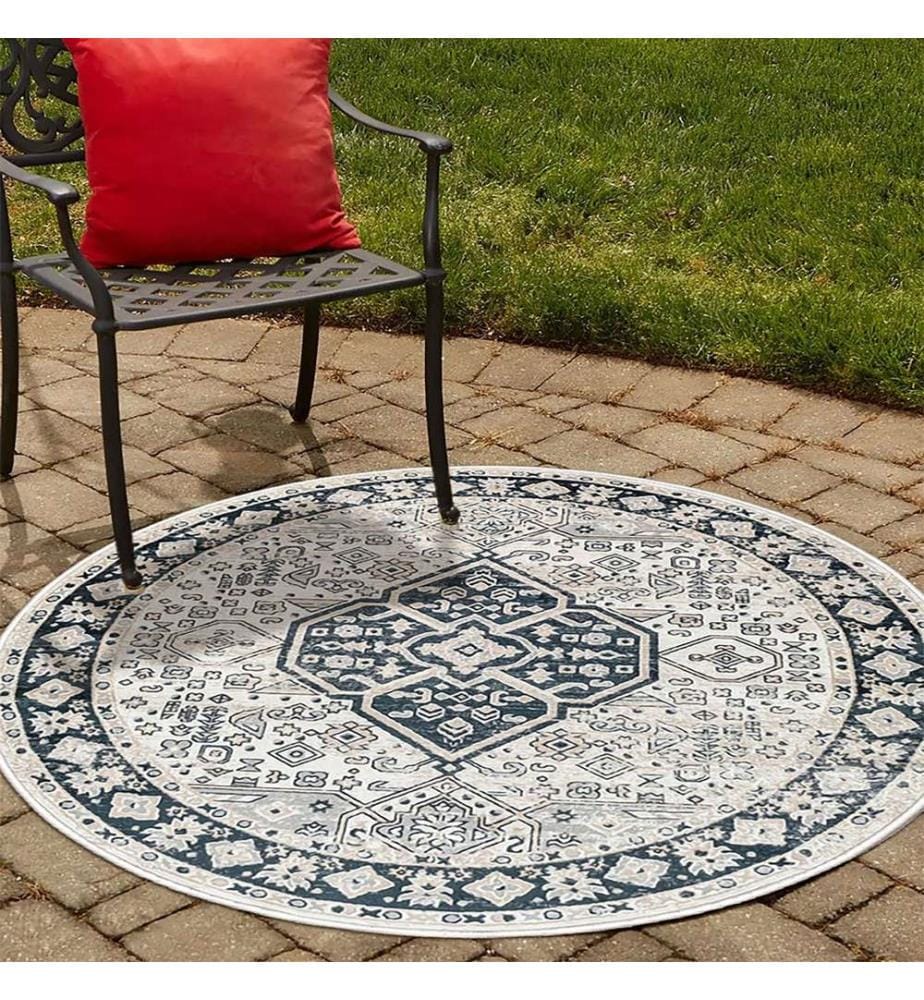 Tappeto, Grigio, Blu scuro, 70% Cotone - 30% Ciniglia, Diametro: 130 cm