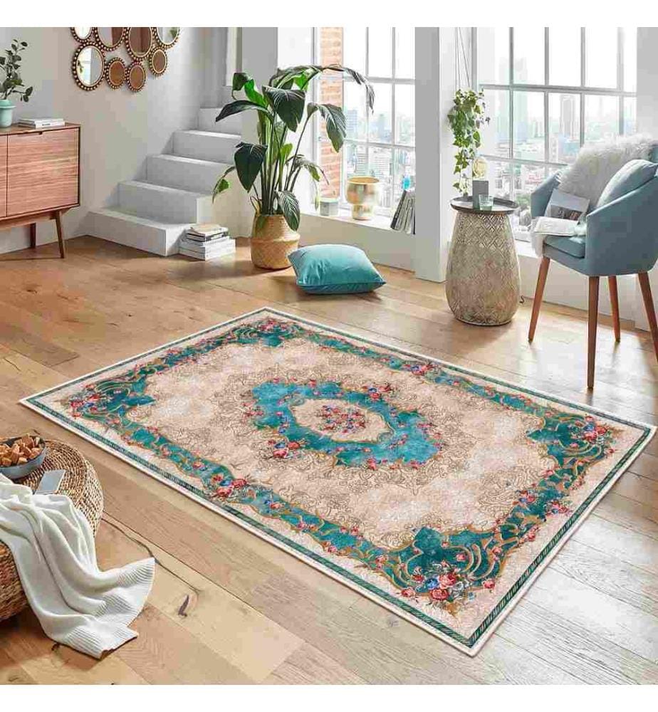 Tappeto, Crema, Blu, 70% Cotone - 30% Ciniglia, 80 x 200 cm