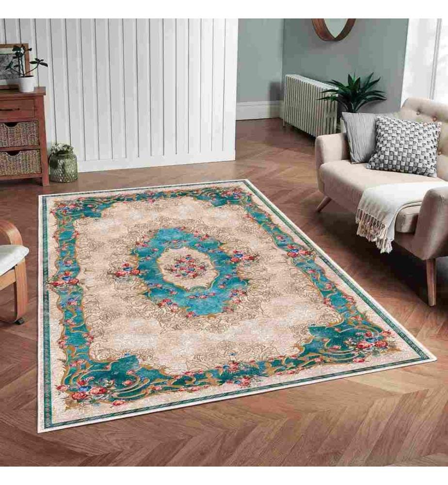 Teppich, Creme, Blau, 70% Baumwolle - 30% Chenille, 100 x 200 cm