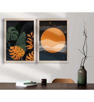 Quadro decorativo incorniciato in MDF, 2 pezzi, arancione, verde, blu navy, bianco, MDF, con cornice in legno