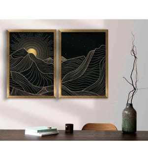 Quadro decorativo incorniciato in MDF, 2 pezzi, Oro, Nero, MDF, Cornice di legno