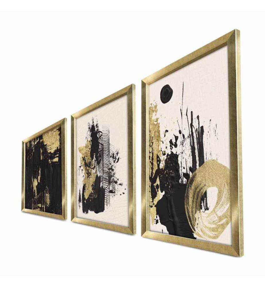 Tableau décoratif encadré MDF, 3 pièces, or, blanc, noir, MDF, encadrement en bois
