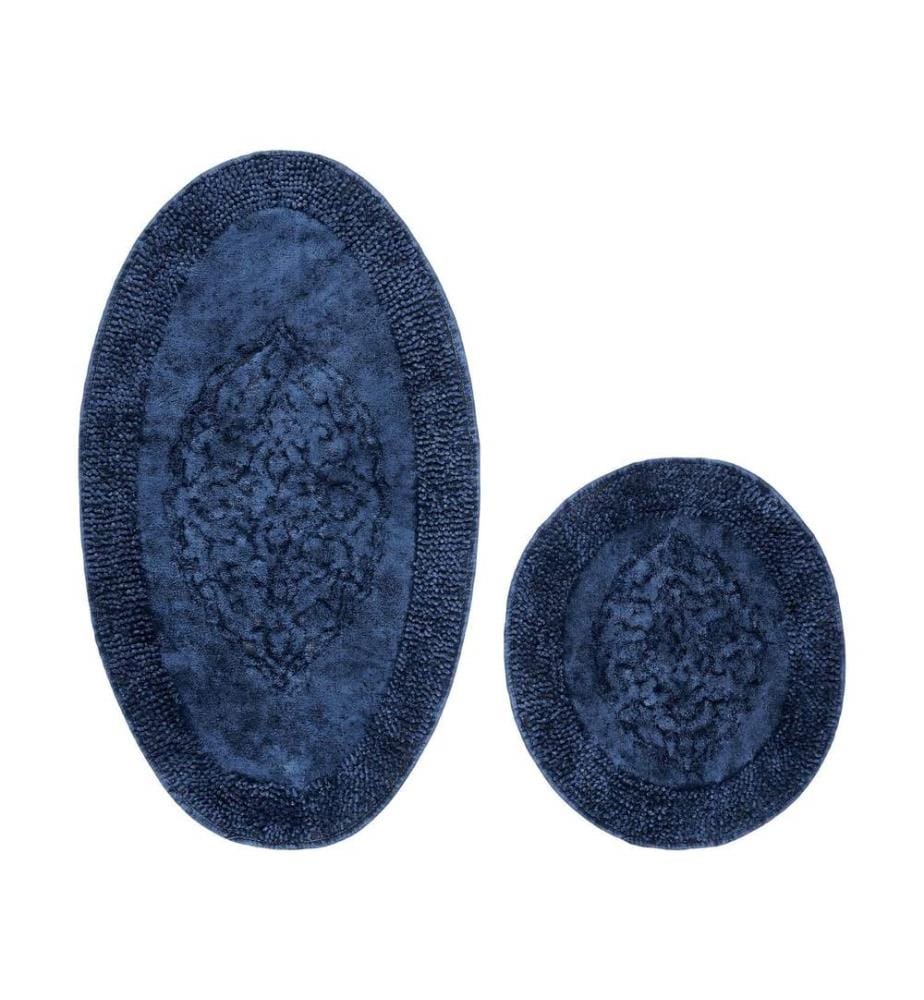 Bathmat Set, 2 Pieces, Dark Blue, 100% Cotton, Non-Slip Underside