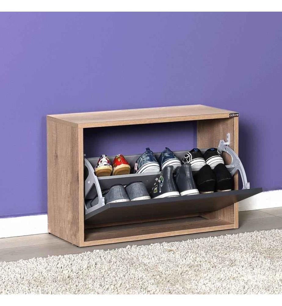 Schuhschrank, heller Nussbaum, Anthrazit, melaminbeschichtete Spanplatte