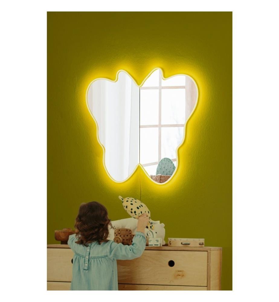 Specchio con illuminazione a LED, giallo, specchio infrangibile anti-persiane, specchio acrilico con supporto in MDF