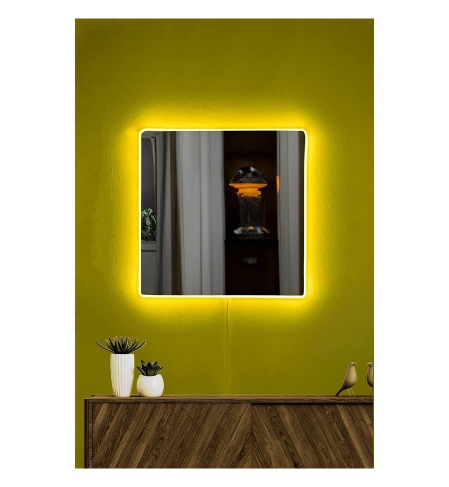Specchio con illuminazione a LED, giallo, specchio infrangibile anti-persiane, specchio acrilico con supporto in MDF